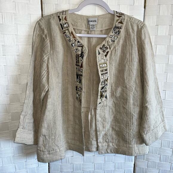 Chico’s Womens Tunic Linen Blend Blazer Jacket Size Medium Jewl Embroidered - Picture 16 of 16